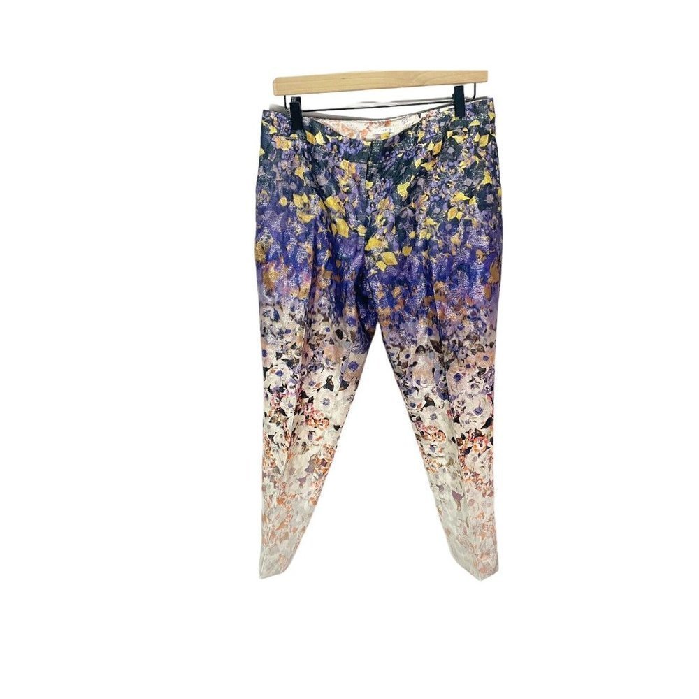 Anthropologie Leifdottir Floral Metallic Purple Dress Pant Size 8 Cropped